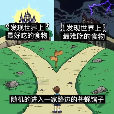 这是一张二次创作的分岔路梗图，画面中一名卡通小男孩站在岔路口，左侧岔路通向被阳光笼罩的明亮城堡，配文「发现世界上最好吃的食物」；右侧岔路通向乌云闪电下的阴森城堡，配文「发现世界上最难吃的食物」；底部配文「随机的进入一家路边的苍蝇馆子」。用两种极端的结果，调侃随机选择路边苍蝇馆子就餐时，要么遇到惊喜美食、要么踩雷难吃食物的不确定性，真实又搞笑，精准戳中在外就餐的人的共鸣。