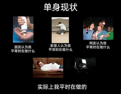 这是一张展示单身人士生活现状的多图拼接梗图，通过五张不同场景的图片对比了不同人群对单身者生活的想象与现实的差距。顶部居中大字标题为“单身现状”，下方分为两行排列五张图片：第一行左图为挤乳液的手，配文“朋友认为我平常时在做什么”；中间图为蜷缩在地上的人，配文“家里人认为我平常时在做什么”；右图为多人举瓶聚会场景，配文“网友认为我平常时在做什么”。第二行左图为躺沙发的人，右图为暗室使用电脑的人，共同配文“实际上我平时在做的”。通过夸张对比展现了单身生活的刻板印象与真实状态的幽默反差。