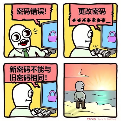 四格连环漫画描绘了一个卡通人物的密码修改窘境：第一格中人物面对电脑屏幕上的“密码错误!”提示，表情震惊；第二格尝试“更改密码”，正在键盘输入；第三格又收到“新密码不能与旧密码相同!”的系统提示，面露无奈；第四格场景切换到海滩日落，人物背对观众望向大海，呈现出放弃后的释然。漫画通过夸张的表情和场景对比，幽默地展现了人们在日常使用电子设备时遇到的密码规则困扰。