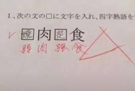 这是一张日语练习题的扫描图，题目要求在“□醸肉□食”的方框内填入汉字组成四字熟语。答题者错误地在两个方框中都填入“醸”字，写出“醸肉醸食”，该答案被红色叉号标记；下方用红色字体标注了正确答案“弱肉強食”（对应中文的“弱肉强食”），是典型的日语学习中的错题记录场景。