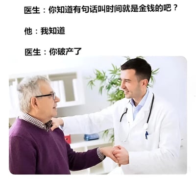 图片上方是一段对话文字，下方是一张医生与老年患者握手的照片。医生先问："你知道有句话叫时间就是金钱的吧？"，患者回答"我知道"，医生接着说"你破产了"。通过双关语制造幽默效果，暗示医疗费用高昂，把时间和金钱直接关联，最终导致患者"破产"。