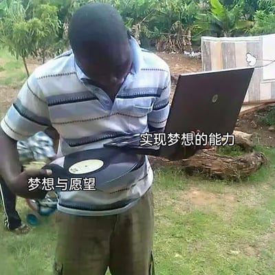 这是一张充满讽刺意味的网络梗图，画面拍摄于户外草地，一名黑人男子手持黑胶唱片与笔记本电脑，利用视觉错位让两者看起来像是一个整体。图中用文字分别将黑胶唱片标注为“梦想与愿望”，笔记本电脑标注为“实现梦想的能力”，通过这种错位的视觉效果，调侃了很多人拥有美好的梦想，但自身实现梦想的能力却无法匹配梦想的现实困境，传递出理想与现实之间存在差距的无奈与调侃情绪。