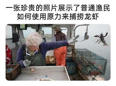 这是一张经过趣味二次创作的渔船作业照片，画面呈现了一艘在海面作业的渔船，船内一位白发老年渔民身着防水围裙和手套，身体前倾在操作台旁，他的一只手向前伸出，巧合地与被钓起的龙虾的牵引线在视觉上重合，营造出仿佛用“原力”隔空抓取龙虾的错觉。船的另一侧还有一位穿着橙色防水裤的渔民背对着镜头，船边放置着捕捞用的龙虾笼，周围散落着作业工具和物品，背景是朦胧的海面。图片上方配有对应文字，借用科幻作品中的“原力”概念，结合视觉错位效果制造出幽默搞笑的氛围。