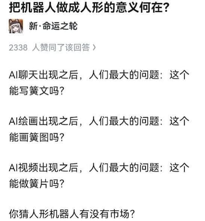 这是一张来自问答社区的回答截图，顶部提问为“把机器人做成人形的意义何在？”，答主的回答使用谐音避讳的“簧”字代指“黄”，依次列举了AI聊天技术出现后大众最先问能不能写涉黄文字、AI绘画出现后问能不能画涉黄图片、AI视频出现后问能不能做涉黄视频的现象，最后以反问“你猜人形机器人有没有市场？”收尾，用戏谑的方式调侃部分用户对新兴技术的首要需求偏向成人向，以此暗指人形机器人的潜在市场动因，笑点直白接地气，属于网络流行的玩梗内容。