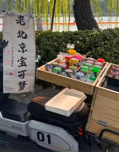 这是一张充满趣味的户外实拍图，场景位于北京的河湖岸边（背景有垂柳和水景），一辆电动车被改装成流动售卖车，挂着一幅写有“老北京宝可梦”的书法布幅，木制售卖盒里摆放着多个带彩色盖子的玻璃罐，罐子里装着老北京传统玩物——鸣虫（蛐蛐、蝈蝈这类）。
这里运用了谐音梗：将老北京传统的鸣虫玩赏文化，用年轻人熟悉的热门IP“宝可梦”来调侃，把鸣虫对应成老北京版的“宝可梦”，制造出复古文化与流行文化碰撞的反差笑点，接地气又有趣。