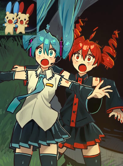 An illustration featuring two anime-style girls with surprised expressions. The blue-haired girl has long blue hair with headphones and wears a white shirt with a blue tie. The red-haired girl has spiral-shaped red hair and wears a dark outfit. Both have their mouths open in shock with arms outstretched. In the top-left corner, there's a small inset image showing two yellow rabbit-like creatures with blue and red ears, also with surprised expressions. The background features dark colors with some greenery visible.