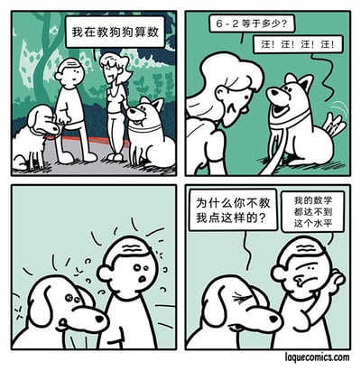 这是一则四格搞笑卡通漫画，故事发生在户外场景中：第一格，一位女士向身旁的男士介绍自己正在教狗狗算数；第二格，女士提问自己的狗狗“6-2等于多少？”，狗狗叫了四声，给出了正确答案；第三格，男士和他的狗狗看到这一幕后，狗狗表现出激动羡慕的样子，男士也十分惊讶；第四格，男士的狗狗向男士抱怨“为什么你不教我点这样的？”，男士则无奈地摊手回应“我的数学都达不到这个水平”，用自嘲的方式制造出幽默反差，以宠物“会算数”的夸张设定，调侃了自身数学能力不佳的窘境。