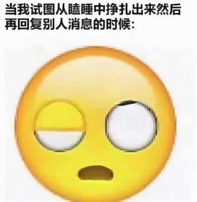 图片上方配有文字“当我试图从瞌睡中挣扎出来然后再回复别人消息的时候：”，下方是一个黄色圆形表情符号。表情符号左眼呈现半睁半闭的困倦状态，右眼则努力睁大，眼神中带着明显的疲惫与挣扎，生动形象地描绘了人们在极度困倦时，仍需强打精神回复他人消息的无奈又搞笑的日常情景。