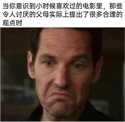 这是一张图文结合的表情包，顶部配有文字「当你意识到小时候喜欢过的电影里，那些令人讨厌的父母实际上提出了很多合理的观点时」，下方是漫威电影《蚁人》系列中主角斯科特·朗的饰演者保罗·路德的影视截图，图中人物皱着眉头、撇着嘴，露出委屈又无奈的神情，精准地诠释了人们在成长过程中，心态发生转变，突然理解了曾经无法共情的影视中「父母角色」的观点时，那种郁闷又不得不接受的复杂心情，引发很多人的共鸣。