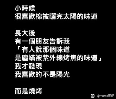 这是一张纯文字类的搞笑梗图，以黑色为背景搭配白色醒目字体，呈现了一个充满脑洞的生活趣味段子。内容以叙述者的视角展开：童年时期喜爱晒过太阳的棉被所散发的温暖味道，长大后经朋友告知，网传该味道是尘螨被紫外线烤焦的气味，最后叙述者脑洞大开，反转得出“自己喜欢的不是阳光，而是烧烤”的搞笑结论。段子通过将日常温馨场景与吃货属性的烧烤联想结合，用强烈的反差感制造冷笑话效果，趣味十足，精准调侃了吃货的脑洞逻辑。