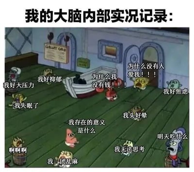 图片上方有标题“我的大脑内部实况记录：”，下方是《海绵宝宝》动画截图，展示船内厨房场景，多个角色（海绵宝宝、派大星、章鱼哥等）分散站立，每个角色旁都有中文文字气泡，内容包括“我好抑郁”“我好压力”“为什么我没有钱!!!”“为什么没有人爱我!!!”“我失眠了”“我存在的意义是什么”等，幽默地将大脑中混乱的负面想法比作一群吵闹的角色。
