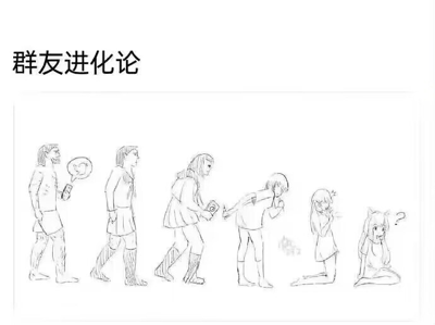 一张线稿风格的单图，标题为“群友进化论”，模仿经典人类进化论阶梯图示，从左至右展示了六个阶段的“群友进化”过程。第一个阶段人物手持带笑脸的手机，姿态原始；后续阶段逐渐“退化”，包括直立行走、手持相机、弯腰看手机、跪坐捂嘴、最终坐地长出猫耳的呆萌形态，幽默调侃群聊中用户行为的趣味演变。