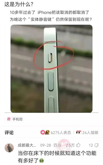 这是一张社交媒体截图，内容围绕iPhone的实体静音键展开讨论。图片上方配有文字：“这是为什么? 10多年过去了 iPhone把该取消的都取消了 为啥这个‘实体静音键’仍然保留到现在呢？”，中间是一张iPhone侧面的照片，其中实体静音键被红色圆圈重点标记出来，底部带有“#手机控”话题标签及评论区。评论区中一条高赞评论写道“当你在床下的时候就知道这个功能有多好了”，用幽默的方式暗示了该按键在特定场景下的实用性。