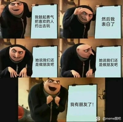 这是一组由《神偷奶爸》角色格鲁的不同表情拼接而成的连环梗图，共五张图串联起一段搞笑剧情：格鲁先是开心地表示自己鼓起勇气约出喜欢的人并表白，随后连续两次展示被对方发好人卡的内容“她说我们还是做朋友吧”，从期待紧张的神情转为失落，最后突然握拳狂喜，喊出“我有朋友了！”。该梗图用反向乐观的反差感，将表白被拒的“好人卡”解读为获得朋友，调侃了社交匮乏者的自嘲心态，制造出荒诞的搞笑效果。