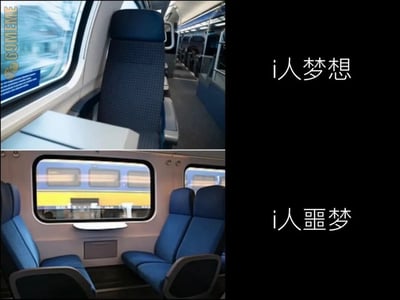 该图为上下对比形式的网络梗图，上半部分展示了火车内靠窗的独立单人座位，空间私密无需和他人接触，右侧对应标注文字「i人梦想」；下半部分展示的是火车内多排面对面的连坐座位，需要和多名陌生人近距离同处，右侧对应标注文字「i人噩梦」。作品精准调侃了MBTI人格分类中内向型（I型）人格偏好独处、排斥不必要社交的行为特点，很容易引发内向人群的情感共鸣。