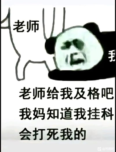 这是一张改编自熊猫头表情包的趣味图片，画面左侧用简单的线条勾勒出代表“老师”的形象，右侧是将人脸表情P在熊猫头上的卡通形象，代表诉求的“我”，该熊猫头呈现出痛苦又哀求的神情。图片下方配有文字“老师给我及格吧 我妈知道我挂科会打死我的”，精准地传递出学生在考试后担心挂科，害怕被家长责备，急切哀求老师给予及格的焦虑又卑微的心态，是学生群体在考试季常用的情绪表达类素材。