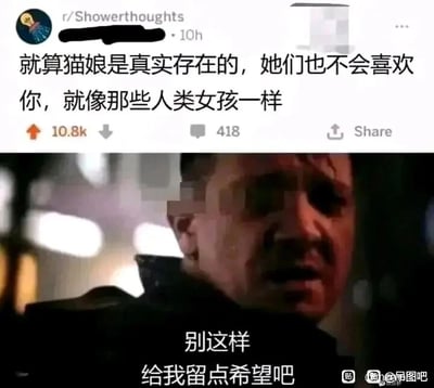 这是一张顶配底文式的图文混排静态图，由上下两部分拼接而成。上半部分是Reddit社区r/Showerthoughts板块的帖子截图，发布于10小时前，获得了10.8k点赞与418条评论，帖子内容是一句扎心的调侃：“就算猫娘是真实存在的，她们也不会喜欢你，就像那些人类女孩一样”，这句话精准戳中了喜爱猫娘这类二次元形象却在现实情感中不顺的网友的痛点，用残酷的现实打破了二次元爱好者的幻想；下半部分是漫威电影的影视截图，图中角色鹰眼面露痛苦、带着恳求的神态，配文“别这样 给我留点希望吧”，完美呼应了看到上半部分吐槽后网友崩溃、绝望的心情，通过上下内容的反差，制造出既搞笑又扎心的效果。