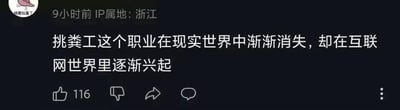 这是一张社交媒体平台的用户发言截图，发布于9小时前，IP属地标注为浙江。截图核心内容是一句带有调侃性质的言论：“挑粪工这个职业在现实世界中渐渐消失，却在互联网世界里逐渐兴起”。这里的“挑粪工”是比喻义，暗指在网络上传播低俗负面内容、恶意带节奏的群体，这类群体在网络环境中愈发常见，与现实里因环卫现代化而逐渐消失的挑粪工职业形成鲜明反差。截图下方显示该内容获得了116个点赞，还有评论、转发等互动按钮。