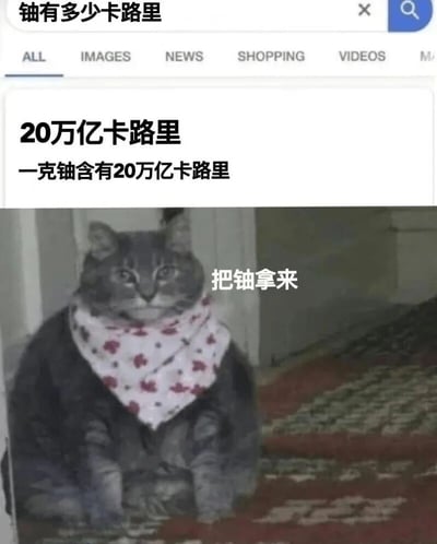 图片上半部分是一个搜索结果截图，搜索框内文字为“铀有多少卡路里”，搜索结果显示“20万亿卡路里 一克铀含有20万亿卡路里”。下半部分是一只戴着粉色带红色花纹围巾的猫，它正坐着看向前方，图片上叠加文字“把铀拿来”。这是一个幽默梗图，通过将放射性元素铀与日常热量单位卡路里联系起来，制造出荒诞搞笑的效果，仿佛猫想要通过“食用”铀来获取超高热量。