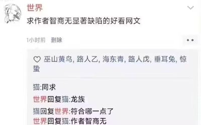 这张图片是一则关于“找智商在线、不掉智商的网文”相关的网络评论区对话截图，最后以“龙族”与“作者智商无”的经典梗收尾。整体氛围搞笑而自嘲。梗点在于“龙族”小说因其设定、剧情广受争议，常被调侃为“智商无”，形成一种作者和作品双重自黑玩笑。

存在“双关/暗示”：评论区的“作者智商无”起到带梗收尾效果，揶揄了作品逻辑或作者水平。
