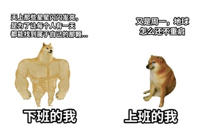 这是一张左右对比的静态图文混排P图，通过两种柴犬梗图的形象反差，精准呈现当代打工人下班与上班的状态差异：左侧是拥有健硕肌肉的柴犬，搭配充满诗意的文字，展现出下班后的自己精神饱满、对生活充满浪漫憧憬的积极状态；右侧是蹲坐流泪的柴犬，搭配吐槽周一上班的文字，表现出上班时疲惫抗拒、情绪低落的消极心态，生动还原了职场人在工作与生活切换时的强烈情绪反差，引发广大打工人的情感共鸣。