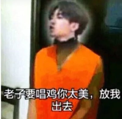 图片中一名穿着橙色衣服的人物，表情激动，背景模糊。图片底部有白色文字：“老子要唱鸡你太美，放我出去”。该图结合了“鸡你太美”网络梗，通过幽默夸张的方式表现人物急切想要释放并演唱该梗相关内容的情景，具有较强的调侃和娱乐效果。