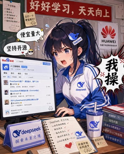 这是一幅AI生成的二次元风格同人插画，将国产大模型品牌DeepSeek拟人化为一名黑发蓝瞳、扎高马尾的少女，少女身着印有DeepSeek标识的蓝白校服，坐在书桌前操作电脑，表情震惊错愕，配有表达惊讶情绪的“我操”爆字气泡，另外还有“便宜量大”“坚持开源”的台词气泡，对应网友对DeepSeek的普遍评价。桌面上摆放着印有DeepSeek标识的立牌、写有DeepSeek学习计划的线圈笔记本、同款水杯，旁边堆叠着高等数学、深度学习相关的专业教材，电脑屏幕显示百度贴吧“人工智能吧”的页面，帖子内容均是夸赞DeepSeek性价比高、坚持开源、是国产之光的用户发言。背景墙面贴着“好好学习，天天向上”的红色标语、华为品牌宣传海报、写有学习目标的便签，整体画面充满网络玩梗的趣味感，直观展现了DeepSeek在国内用户心中高性价比、开源友好的形象。