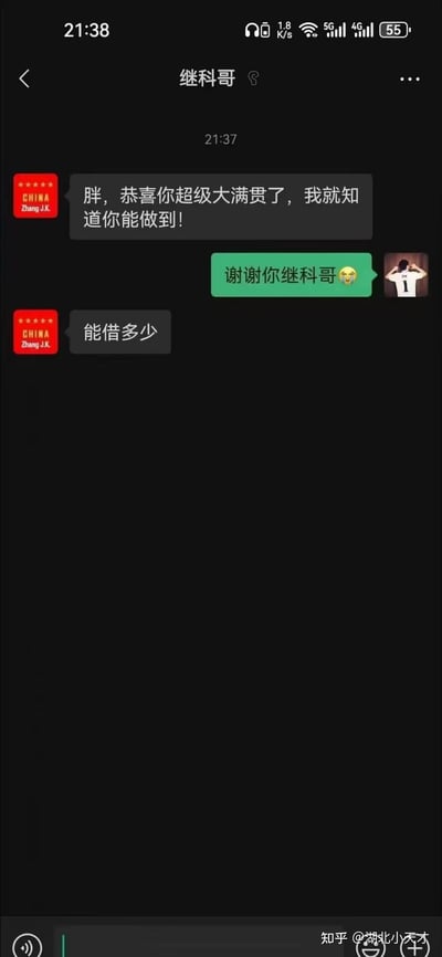 这是一张聊天记录截图，展示了一个有趣的对话场景。继科哥先是热情恭喜对方获得"超级大满贯"，对方礼貌感谢后，继科哥突然话锋一转问"能借多少"，形成了幽默的反差效果。