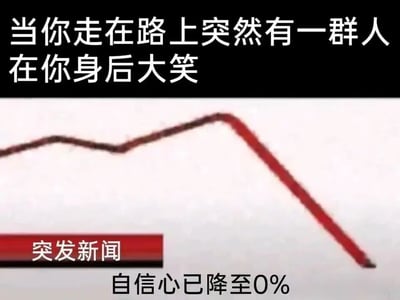 这张图片是一张调侃社交敏感心理的梗图，采用图文混排的顶配底文形式。画面上方黑底白字描述了一个日常社交场景：“当你走在路上突然有一群人在你身后大笑”；中间是一个先小幅波动后急剧垂直下跌的红色折线图，模仿财经新闻里股价暴跌的画面；左下角有红底白字的“突发新闻”标识，底部配有黑字“自信心已降至0%”。整幅图用夸张的“突发新闻”和股价崩盘的视觉效果，精准戳中了社交敏感者、社恐人群的心理：当遇到身后有人大笑的场景时，会立刻产生“他们是不是在笑我”的自我怀疑，自信心瞬间跌到谷底，用搞笑的方式放大了这种社交中的尴尬与不自信。