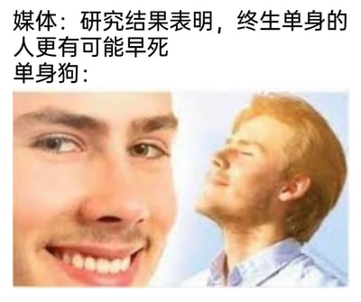 这是一张用于调侃单身话题的网络梗图，采用图文混排、多图拼接的形式呈现。上方文字部分，“媒体”提出“研究结果表明，终生单身的人更有可能早死”的结论，随后以“单身狗：”引出下方的两张男性图片，左侧是男性大脸特写，咧嘴露出假笑，眼神带着戏谑的无所谓感；右侧是男性仰头闭眼，神态放松，一脸不在意。整张图通过这种反差的表情神态，以幽默、摆烂的方式，表现单身人群面对这类针对单身的负面研究结论时，毫不在意、自嘲豁达的心态，用戏谑的态度消解研究结论的负面暗示，契合当下年轻人对单身话题的调侃与自我消解的情绪。