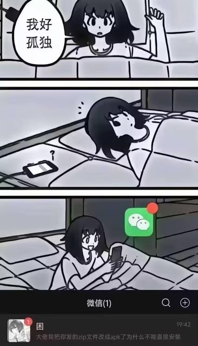 这是一组三格连环卡通梗图：
1. 第一格：卡通女生坐在床上，一脸落寞地说出「我好孤独」，尽显空虚情绪；
2. 第二格：她躺到床上，充电的手机放在一旁，依旧是百无聊赖的状态；
3. 第三格：微信弹出消息提示，女生瞬间精神起来拿起手机，结果看到的消息是「大佬我把你发的zip文件改成apk了为什么不能直接安装」。

笑点在于：从孤独到有人联系的兴奋，再到面对离谱小白提问的无语，形成强烈反差，精准戳中技术爱好者被小白提问折磨的日常，搞笑又真实。