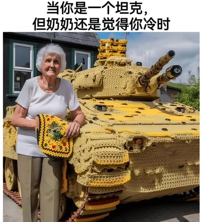 图片中一位白发奶奶站在一辆被黄色针织品覆盖的坦克旁，手里还拿着一块带有花纹的针织小毯子。图片上方配有文字“当你是一个坦克，但奶奶还是觉得你冷时”，用幽默的方式表现了奶奶总是担心晚辈着凉的关爱特质，即使对方是一辆坦克这种不需要保暖的物体。