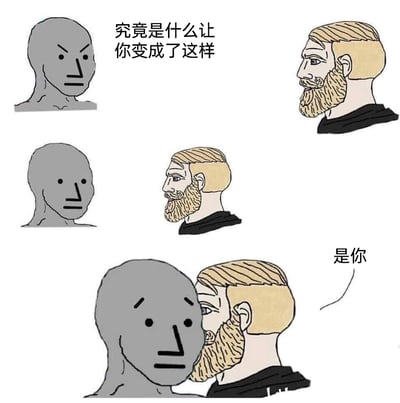 这是一张由三格构成的连环meme梗图，采用欧美网络经典的Wojak灰色小人与Chad类金发胡子角色作为形象载体。第一格中，愤怒的灰色小人向金发胡子角色质问“究竟是什么让你变成了这样”；第二格内，灰色小人的愤怒转为平淡，胡子角色主动向他靠近；第三格中，灰色小人露出低落愧疚的神情，胡子角色贴近他给出扎心的答案“是你”。整幅图通过对话的反转，传递出“自己的存在或行为改变了对方”的复杂情感，用meme的轻松形式包裹着带有冲击感的情绪内核，常被用来调侃或抒发人际关系中互相影响的真实感受。
