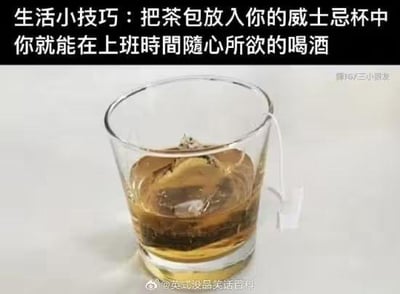 一张幽默风格的图文混排梗图，主体是一个装有琥珀色液体（形似威士忌）的透明玻璃杯，杯中浸泡着一个白色茶包，茶包线垂在杯沿外。图片上方用黑色加粗文字写着“生活小技巧：把茶包放入你的威士忌杯中 你就能在上班时间随心所欲的喝酒”，通过假装用茶包掩盖杯中实为酒的行为，调侃上班族想在工作时喝酒又怕被发现的心态，制造出一种“小聪明”式的搞笑效果。