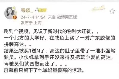 这是一条来自微博的搞笑内容分享，博主讲述了自己刷到的视频经历：一位北方大学生在闲鱼上购买了广东胶佬的拼装高达，没想到收到的高达里藏了一堆蟑螂，还没等他把玩，蟑螂就四散而出，这位北方学生瞬间惊恐大喊。内容利用南北地域对蟑螂的认知差异制造了搞笑效果，充满趣味。