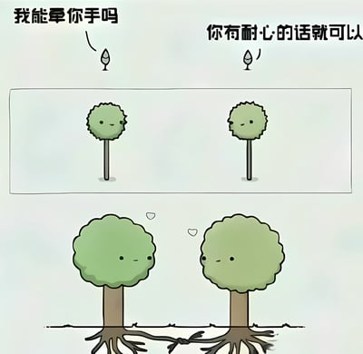 这是一幅温馨的卡通漫画，分为上下两个场景。上方场景中，两棵矮小的绿色小树面对面站立，左边小树头顶有对话气泡写着“我能牵你手吗”，右边小树回应“你有耐心的话就可以”，两棵树都带着浅浅的微笑。下方场景中，两棵树已长成枝繁叶茂的大树，它们的根部在地下相互缠绕，如同牵手一般，树顶还飘着两个小爱心，展现出耐心等待后达成心愿的温暖画面。