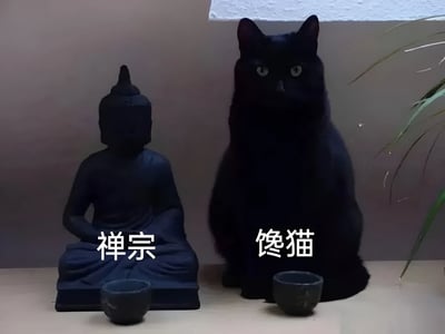 图片中展示了一尊黑色的禅宗佛像和一只黑猫并排坐立的有趣场景。两者都呈现出相似的坐姿，面前各有一个小碗，形成了幽默的对比效果。佛像旁边标注着“禅宗”二字，而黑猫旁边则标注着“馋猫”，通过文字和构图制造出拟人化的趣味对比。