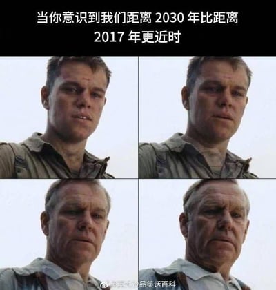 这张梗图通过2x2网格展示了马特·达蒙面部逐渐衰老的过程，配合顶部文字'当你意识到我们距离2030年比距离2017年更近时'，幽默地表达了人们对时间流逝速度的惊讶和感慨。图片利用人物面部的细微变化直观呈现了时间的推移感，引发观众对岁月流逝的共鸣。