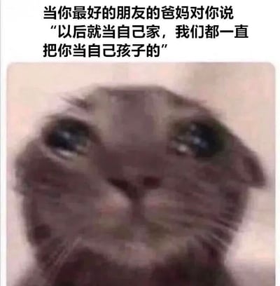 图片上方是文字“当你最好的朋友的爸妈对你说‘以后就当自己家，我们都一直把你当自己孩子的’”，下方是一张模糊的猫咪抬头看的照片。猫咪眼神看起来乖巧又带点期待，整体营造出一种温馨又可爱的氛围，常用于表达被朋友父母亲切对待时的心情。