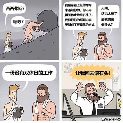 四格漫画改编自希腊神话中西西弗斯推石头的故事。第一格中西西弗斯正在艰难地推石头上山，一个信使模样的人叫住他；第二格中信使告知西西弗斯他的惩罚将被更新为更现代的方式，西西弗斯表现出期待；第三格中信使宣布新惩罚是"一份没有双休日的工作"；第四格中西西弗斯穿着西装在办公室抓狂，绝望地喊出"让我回去滚石头!"。

漫画通过将神话中的永恒惩罚与现代职场中没有周末的工作进行对比，形成强烈的讽刺和幽默感，暗示现代某些工作模式比神话中的惩罚更令人难以忍受。