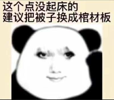 一张熊猫头表情包，上方配有文字“这个点没起床的建议把被子换成棺材板”，用夸张幽默的方式调侃赖床行为。熊猫头形象采用经典黑白配色，面部表情似笑非笑，带有一丝戏谑感。