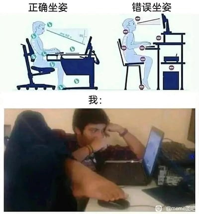 这是一张上下拼接的搞笑meme图，上方分为左右两部分，左侧是标注了多处绿色对勾的正确办公坐姿示意图，展示了符合人体工学的坐姿、桌椅高度和视线角度；右侧是标注了红色叉号的错误坐姿示意图，指出了桌椅高度不当、身体姿态不良等问题。下方是标注“我：”的真实场景，一个人瘫靠在椅背上，神态疲惫，一只手撑着脸，另一只脚放在桌面上操作鼠标，姿势完全脱离了标准坐姿的范畴，用强烈的反差感调侃了很多人在使用电脑时的真实随意状态，引发共鸣。