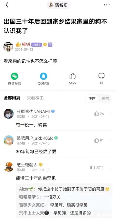 这是百度贴吧弱智吧的一则搞笑帖子，楼主于2021年9月13日发帖称自己出国三十年回到家乡，家里的狗却不认识自己了，还调侃狗的记性不好。楼下网友纷纷互动玩梗，有网友附和楼主，有网友用“30年勾勾已经烂了罢”玩谐音梗，而用户“芝士轻黏”的回复“能活三十年的狗罕见”获得了3211个赞，一语双关，既点明狗的寿命很难达到三十年，也暗指楼主的说法离谱，被其他网友评价将帖子抬到了新高度，楼中楼也有网友指出这是一语双关，整个帖子充满了网络玩梗的趣味。