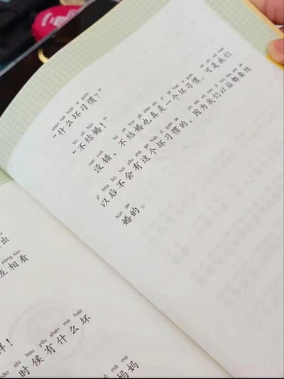 图片展示了一本打开的笔记本，上面有手写的中文对话内容，讨论关于结婚是否是坏习惯的话题。对话中包含“什么坏习惯？”“不结婚！”“没错，不结婚也真是一个坏习惯。可是我们以后不会有这个坏习惯的，因为我们以后都要结婚的。”等文字。笔记本为方格纸，页面边缘有绿色网格线，由一只手拿着展示。