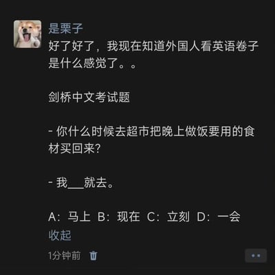 用户「是栗子」在微信朋友圈发布动态，配上一张剑桥中文考试题截图，吐槽自己终于体会到外国人做英语卷子的感受。题目是一段日常采购食材的对话：提问者询问对方何时去买做饭食材，回答为「我___就去」，选项给出「马上、现在、立刻、一会」四个语义高度接近的中文词汇，让母语者也难以区分，精准戳中了外语学习者面对近似选项时的困惑，引发共鸣，充满搞笑效果。