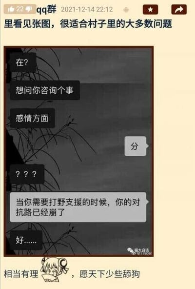这是一张来自QQ群的社交媒体聊天记录截图，发布时间为2021年12月14日22:12。群成员分享了一段用来吐槽感情问题的对话图，对话中，一方表示想咨询感情方面的问题，另一方直接回复“分”，随后用热门手游《王者荣耀》的游戏术语解释：“当你需要打野支援的时候，你的对抗路已经崩了”，这里用游戏里的局势来比喻感情状态，意思是当咨询者还试图拯救感情时，这段感情其实已经彻底无法挽回，精准讽刺了在感情中一味付出、却早已处于不对等状态的“舔狗”行为。分享该图的群成员表示这张图“很适合村子里的大多数问题”，截图底部的评论也认同该观点，配文“相当有理🥺，愿天下少些舔狗”。对话中的“对抗路”“打野”是《王者荣耀》中的游戏位置，将游戏元素融入感情吐槽，让内容更生动有趣，也更贴合网络语境。