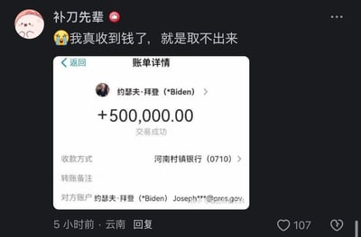这是一条社交平台上的玩梗内容，用户「补刀先辈」发布了一张经过修改的转账账单截图，显示自己收到了来自「约瑟夫·拜登」的500000元转账，收款账户为河南村镇银行，配文「😭我真收到钱了，就是取不出来」。该内容结合河南村镇银行曾经的取款难事件，用和拜登相关的荒诞设定制造搞笑反差感，调侃钱到账却无法取出的无奈又滑稽的处境。