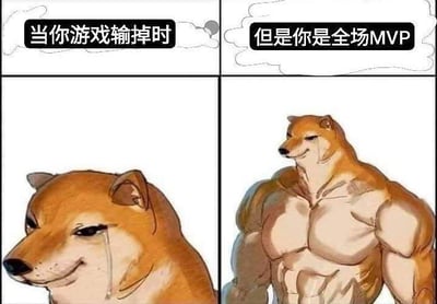 这是一张由两张图拼接而成的连环梗图，通过前后对比的形式展现游戏玩家的心情变化：左侧图中是眼角挂泪、表情委屈失落的柴犬Doge，搭配文字“当你游戏输掉时”，精准还原玩家输掉游戏后的低落情绪；右侧图中是柴犬Doge的头部搭配健硕的人类肌肉身材，表情得意自信，配文“但是你是全场MVP”，表现出玩家虽输掉比赛，但凭借出色表现拿到全场MVP后的自我认可与骄傲。两张图的强烈反差制造出搞笑效果，生动诠释了游戏里“虽败犹荣”的复杂心情。