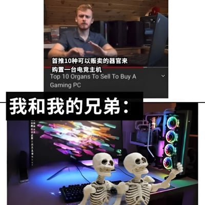 上下对比图，上半部分是一个男人介绍'首推10种可以贩卖的器官来购置一台电竞主机'，下半部分是两个骷髅坐在高端电竞主机前，配文'我和我的兄弟：'，用夸张幽默的方式调侃电竞主机价格昂贵。