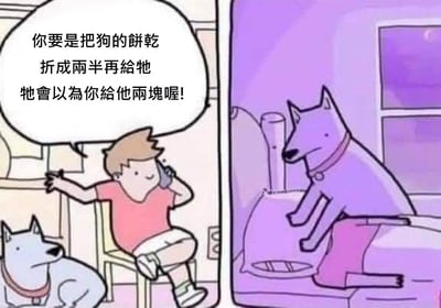 这是一张左右分栏的卡通搞笑梗图，左侧画面中，穿粉色上衣的男子坐在椅子上打电话，对着电话那头分享小技巧：「你要是把狗的饼干折成两半再给牠，牠会以为你给他两块喔！」，脚边的狗狗正安静地看着他；右侧画面则是反转的搞笑场景：这只狗狗把主人按在沙发上，做出要将主人「折成两半」的动作，模仿人类的套路，把主人当成了饼干，制造出荒诞又好笑的喜剧效果。